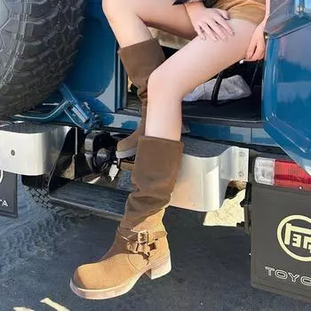 Винтажные коричневые ковбойские сапоги на толстом каблуке женские 2024 новые дышащие тонкие штабелируемые сапоги замшевые длинные сапоги 35 коричневый