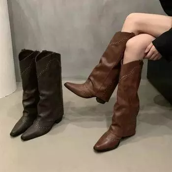 Винтажные коричневые V-образные пряжки Chelsea Botas Модные ковбойские сапоги с острым носком в стиле вестерн, ботинки-трубы с заклепками для женщин, нескользящие ботинки 35