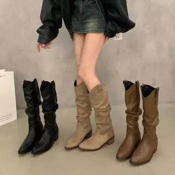 Винтажные коричневые высокие сапоги с V-образным вырезом, женская обувь 2025 года, весна-осень-зима, остроносые ковбойские сапоги в стиле вестерн 35