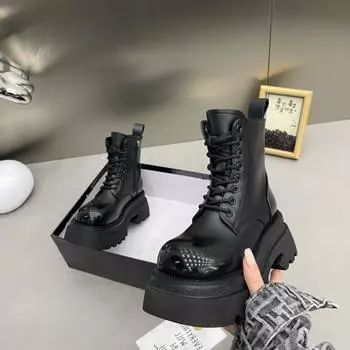 Винтажные короткие ботинки с крошкой, европейские ботинки для работы на станции, маленький толстый каблук, уличная мода, шнуровка, толстая подошва, ботинки Martin, женская мода 35