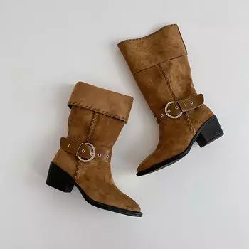 Винтажные ковбойские сапоги на толстом каблуке, осенние женские зимние модные нишевые замшевые ботильоны с острым носком, с широким голенищем, средней высоты 35