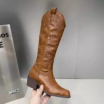 Винтажные ковбойские сапоги с квадратным толстым каблуком, женские вышитые ботинки с боковой молнией, весенние и осенние вестерн-сапоги 35