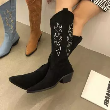 Винтажные ковбойские сапоги с вышивкой, женские модные сапоги длиной до колена с острым носком 35 чёрный