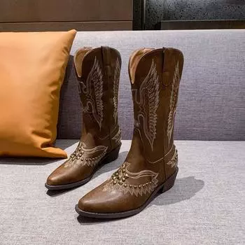 Винтажные ковбойские сапоги в стиле вестерн, универсальные рыцарские сапоги с вышивкой V-образным вырезом, ковбойские сапоги с острым носком и толстым каблуком 35 коричневый