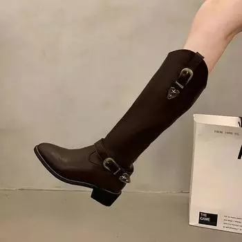Винтажные кожаные ботинки женские с пряжкой на ремне, остроконечные на платформе, ковбойские сапоги в стиле вестерн, повседневные ботинки с глубоким V-образным вырезом и высокой посадкой 35