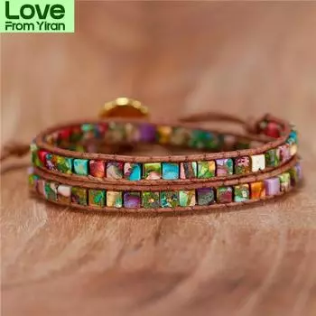 Винтажные кожаные браслеты, высококачественные разноцветные натуральные камни, 2 нити, браслеты с плетением из бисера, массивный браслет ручной работы