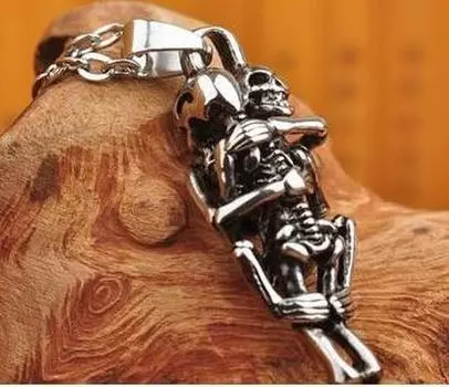 Винтажные кожаные цепочки с двойным черепом для влюбленных, ожерелье из нержавеющей стали, Хэллоуин старый серебряный