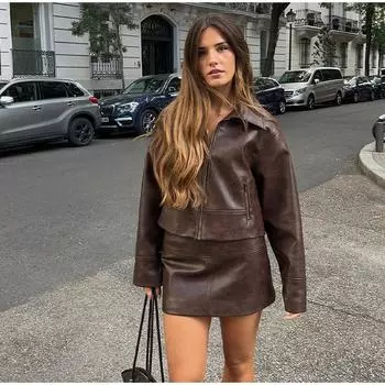 Винтажные кожаные мини-юбки, женские повседневные свободные лацканы с длинными рукавами, комплекты пальто на молнии, женский модный комплект для улицы S коричневый