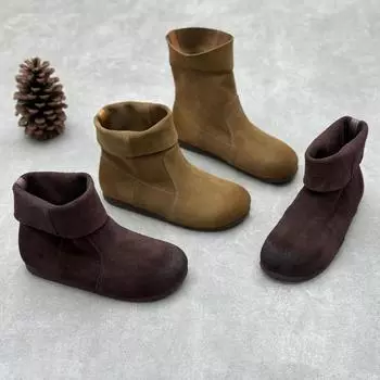 Винтажные кожаные сапоги с круглым носком, плоские матовые сапоги из коровьей кожи 35 темно-коричневого