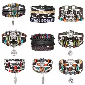 Винтажные кожаные тканые многослойные браслеты в этническом стиле в стиле бохо Эффектные украшения для женщин и мужчин
