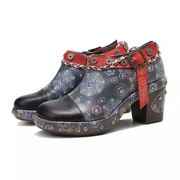 Винтажные кожаные туфли Johnature с принтом, универсальная женская обувь, удобные высокие туфли на толстом каблуке 36 темно серый