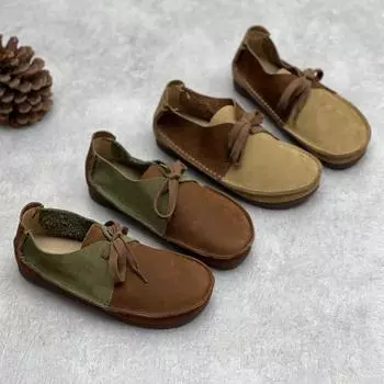 Винтажные кожаные туфли ручной работы на мягкой подошве со шнуровкой, повседневные туфли на плоской подошве 35 хаки