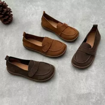 Винтажные кожаные туфли ручной работы Повседневные туфли на плоской подошве с круглым носком из мягкой коровьей кожи 35 серый