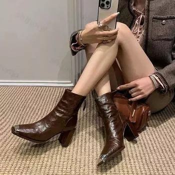 Винтажные кожаные женские ботильоны, новые модные элегантные туфли с квадратным носком из металла, осенне-зимние женские короткие ботильоны с толстым каблуком 35