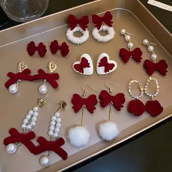 Винтажные красные флокированные серьги, коллекция, серьги-гвоздики с бантом, серьги в винтажном стиле, ювелирные изделия, подарок