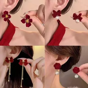 Винтажные красные флокированные серьги, коллекция, серьги-гвоздики с бантом, серьги в винтажном стиле, ювелирные изделия, подарок