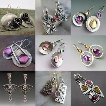 Винтажные красные и зеленые круглые серьги с лунным камнем для женщин, серебряные серьги в стиле ретро в этническом стиле, богемные ювелирные аксессуары, висячие серьги