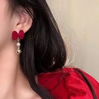 Винтажные красные новые рождественские флокированные серьги для женщин с бантом и жемчугом, серьги-капли, ювелирные изделия, подарок на вечеринку A2