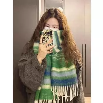 Винтажные красочные полосатые шарфы, зимние толстые большие шарфы для женщин, корейские модные ветрозащитные теплые накидки 210cm красный
