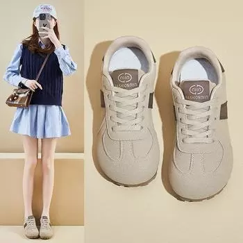 Винтажные кроссовки из абразивной кожи женские осенние новые плоские большие уродливые кожаные повседневные спортивные туфли на шнуровке 35