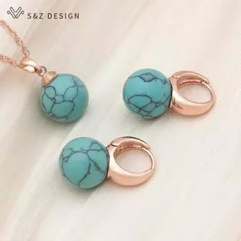 Винтажные круглые серьги-подвески цвета розового золота с синтетической бирюзой, комплекты ювелирных изделий для женщин, свадебное ожерелье с подвеской