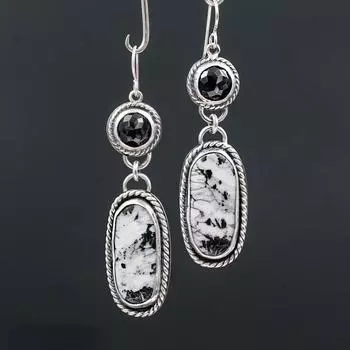 Винтажные круглые серьги с черным камнем, древнее серебро, овальная картина, черно-белый узор, висячие серьги с крючками для женщин, ювелирные изделия 1 pair