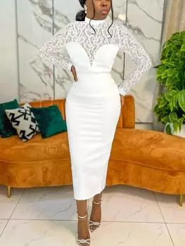 Винтажные кружевные лоскутные платья Сексуальный V-образный вырез с прозрачными длинными рукавами и высокой талией Женские стильные вечерние коктейльные наряды Плюс размер африканских платьев S белый