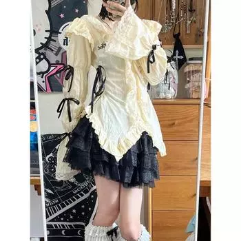 Винтажные кружевные рубашки Y2k, женские готические эстетические готические бандажные блузки Harajuku Fairycore Lolita с V-образным вырезом и длинными рукавами S бежевый