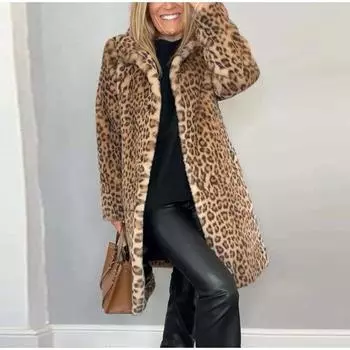 Винтажные леопардовые шубы из искусственного меха для женщин, однобортные, с лацканами, с длинным рукавом, пушистая женская куртка, зимняя новая модная верхняя одежда S хаки