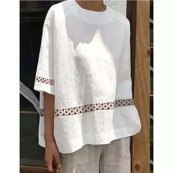 Винтажные летние белые топы, повседневные женские хлопковые блузки для отдыха, кружевная лоскутная рубашка с круглым воротником и подолом S белый