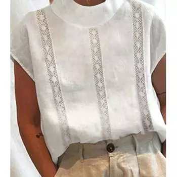 Винтажные летние белые топы, повседневные женские хлопковые льняные блузки для отдыха, кружевная лоскутная рубашка с воротником-стойкой S белый