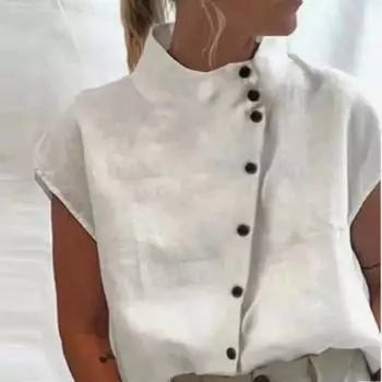 Винтажные летние белые топы, повседневные женские хлопковые льняные блузки, рубашка с воротником-стойкой для отдыха S белый