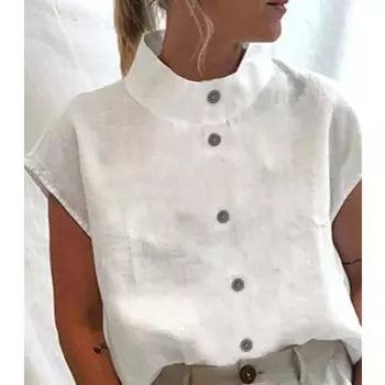 Винтажные летние белые топы, повседневные женские хлопковые льняные блузки для отдыха, блузка с воротником-стойкой S белый