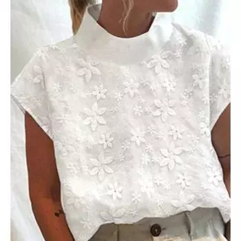 Винтажные летние белые топы, повседневные женские хлопковые льняные блузки для отдыха, блузка с воротником-стойкой S белый