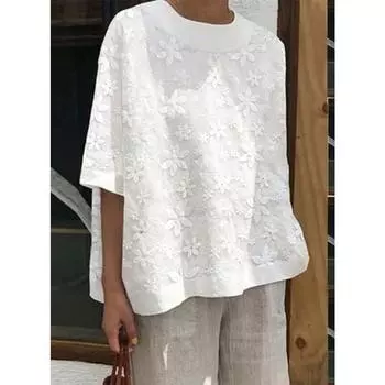 Винтажные летние белые топы, повседневные женские хлопковые блузки, рубашка с круглым воротником для отдыха S белый