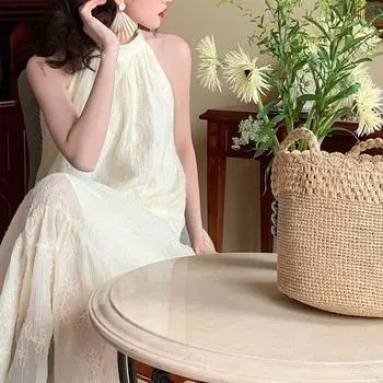 Винтажные летние платья без рукавов с подвесной шеей и кружевной вышивкой на шее S белый