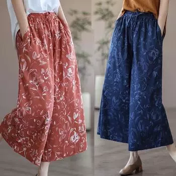 Винтажные литературные хлопковые льняные женские брюки, новые летние повседневные свободные широкие брюки с принтом, универсальные прямые шаровары L красный