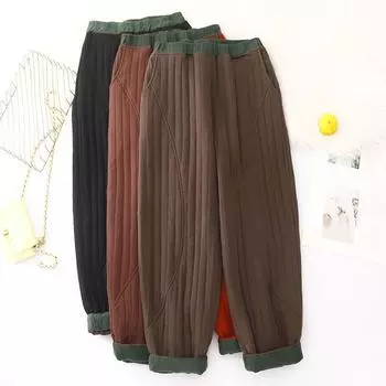 Винтажные лоскутные утолщенные женские брюки с подкладкой, свободные, с высокой талией, шаровары, женские, теплые, универсальные, зимние женские брюки S чёрный