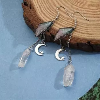 Винтажные лунные феи, бабочки, крылья ангела, длинная цепочка, нерегулярные искусственные кварцевые камни, серьги-подвески, ретро-стиль, материал, женские ювелирные изделия, подарок
