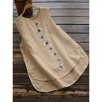 Винтажные майки, топы, женская летняя блузка без рукавов, рубашка с цветочным принтом, повседневная хлопковая и льняная блузка, женские свободные жилеты, халат 5XL чёрный