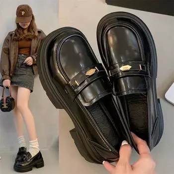 Винтажные маленькие кожаные туфли женские классические туфли с круглым носком на толстой подошве повседневные туфли-оксфорды женские туфли в стиле колледжа JK 35 чёрный