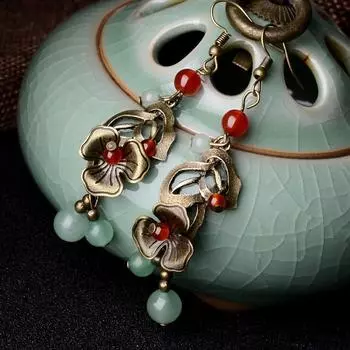 Винтажные медные серьги с полыми цветами, новые этнические серьги с природными камнями