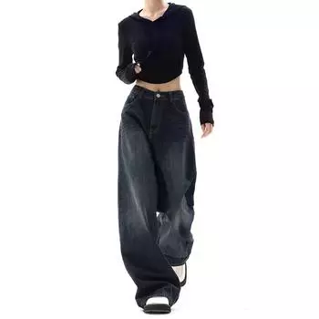 Винтажные мешковатые джинсы, женская уличная одежда Y2k, широкие джинсовые брюки в стиле Харадзюку, осенние корейские модные джинсовые брюки S синий