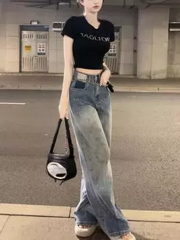 Винтажные мешковатые градиентные новые повседневные элегантные джинсы женские Y2k Harajuku с высокой талией джинсовые брюки женские ретро модные эстетические широкие брюки S синий