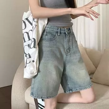 Винтажные мешковатые шорты 2000-х годов Синие шорты Джинсы Женские корейские модные широкие брюки длиной до колена Джинсовые брюки Уличная одежда в стиле ретро Летние брюки S светло-синий