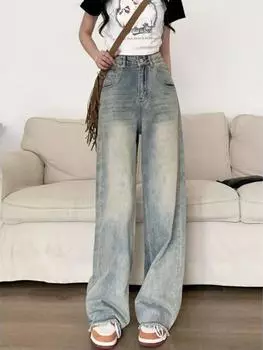 Винтажные мешковатые синие джинсы 90-х годов, женские Y2k Harajuku, джинсовые брюки с высокой талией, женские ретро-модные элегантные широкие брюки, повседневные S синий