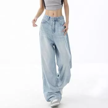 Винтажные мешковатые светло-голубые джинсы 2000-х годов, женские джинсовые брюки Y2k Harajuku с высокой талией, женские ретро-модные 90-е, Эстетические повседневные широкие брюки, новинка S синий