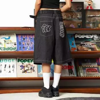 Винтажные мешковатые женские джинсы с вышивкой, шорты большого размера, уличная одежда, широкие джинсовые брюки в стиле ретро, летние S чёрный