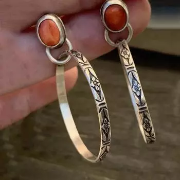 Винтажные металлические круглые серьги с бирюзой, богемные украшения, античное серебро, полые круглые серьги-капли для женщин красный