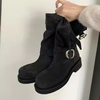 Винтажные металлические пряжки цветные ботинки Martin на толстой подошве женские кожаные ворсовые средние ботинки рыцарские вестерн ботинки 35 хаки